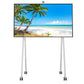 White wheeled smartboard stand for JAV H13S 65-inch, displaying a beach scene with palm trees and blue sky.