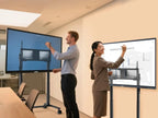 A 1.9m man and 1.5m woman comfortably use the same 98" electric lift stand at different heights, showing flexible adjustment for all heights.