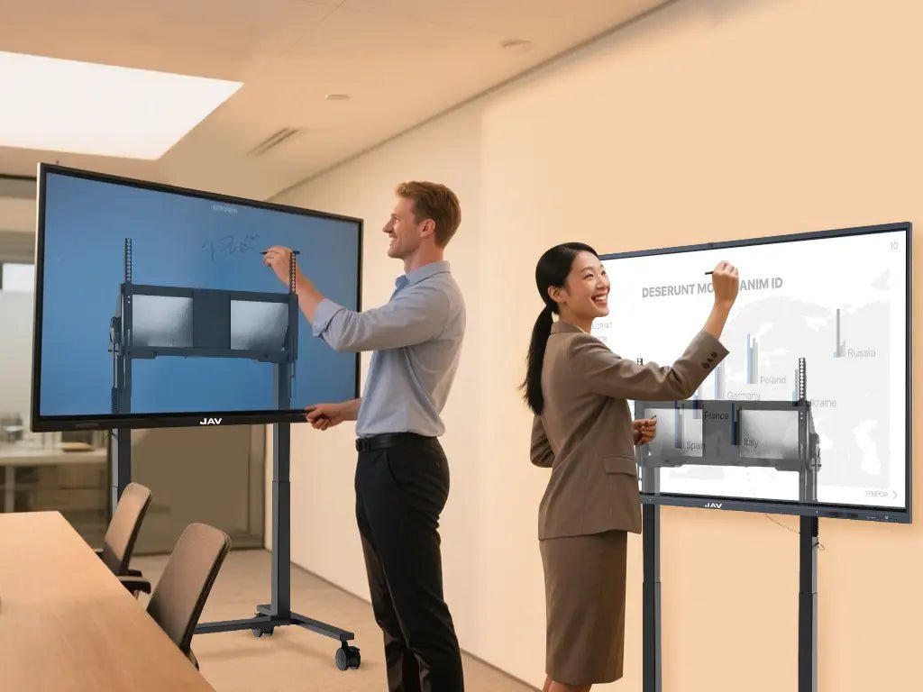 A 1.9m man and 1.5m woman comfortably use the same 98" electric lift stand at different heights, showing flexible adjustment for all heights.