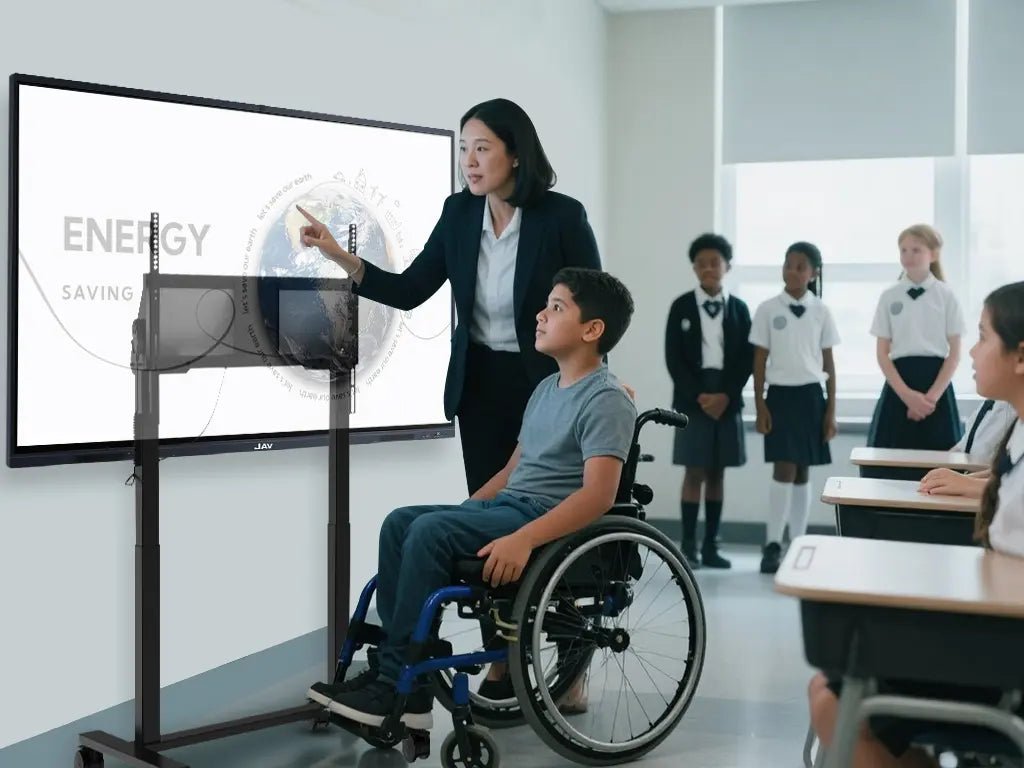 A wheelchair-using student operates a lowered smart board on an electric lift stand, guided by a teacher, demonstrating accessibility for diverse needs.