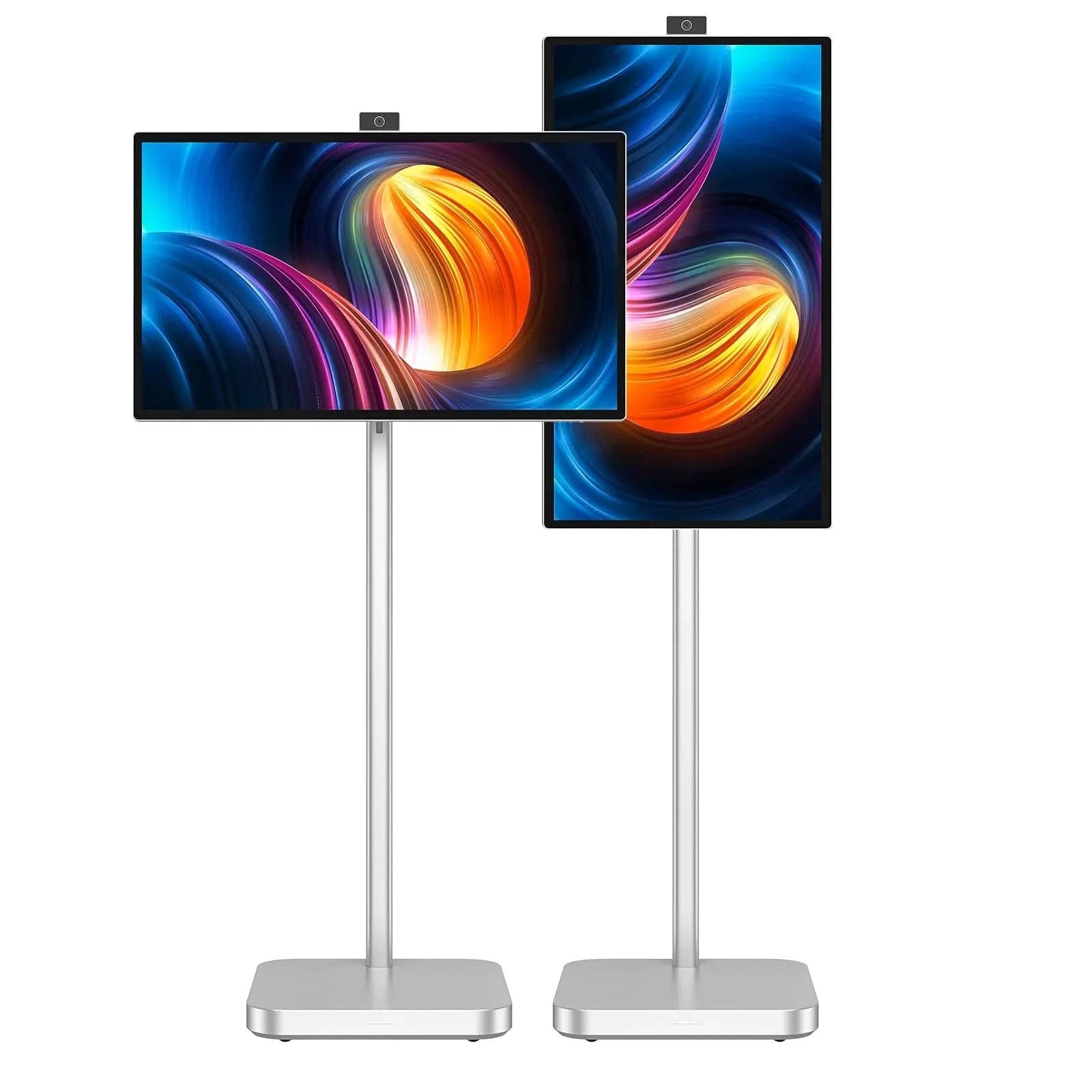 JAV Rolling Tablet LED 32S displays for live stream. Features dual 32-inch portable screens on silver rolling stands, enhancing visibility and setup flexibility.