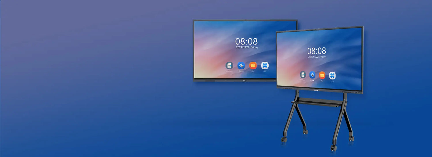 Homepage banner featuring a wall-mounted JAV H10S 65-inch interactive display alongside another H10S 65-inch panel on a rolling floor stand.