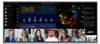 JAV H15 Interactive Flat Panel displaying a video conference call with multiple participants, data dashboards, and chat features.