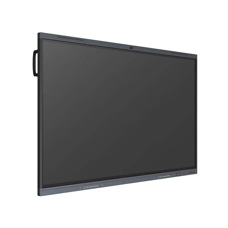 Another angle view of the JAV H16S Interactive Flat Panel (screen off), showing its chassis depth and the integrated camera module on the top bezel.
