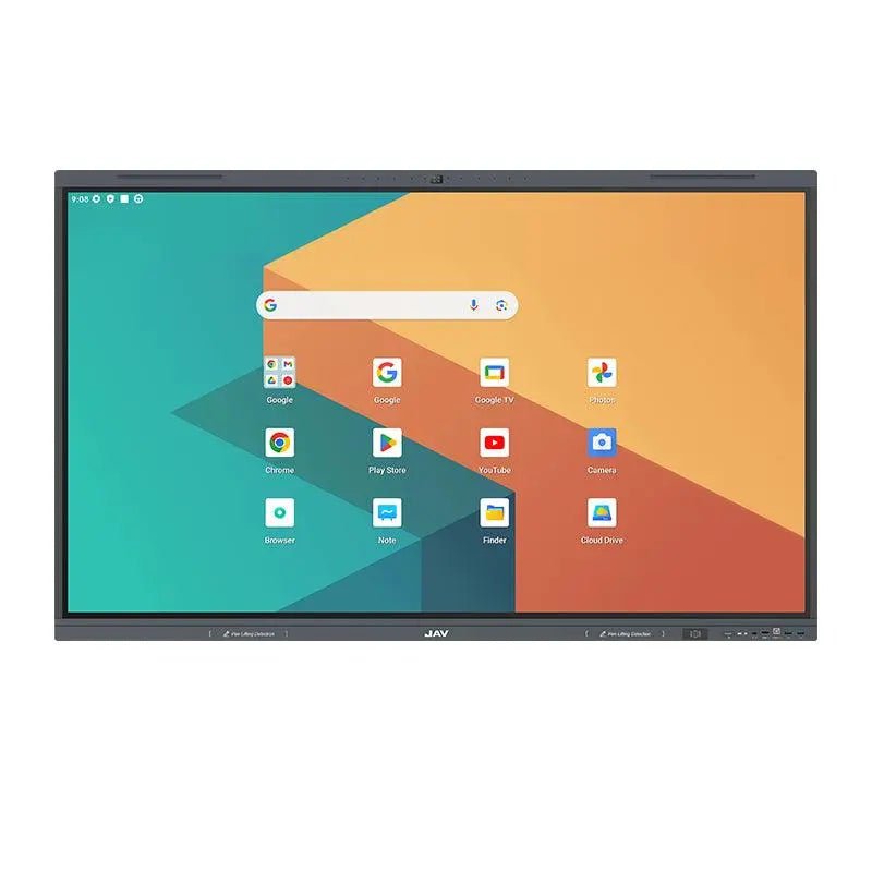 JAV H16S interactive touch display with built-in camera, showcasing its smart operating system interface including Google apps and other icons