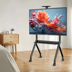 JAV smart board displaying colorful abstract art while positioned on a black mobile rolling stand in a modern room.