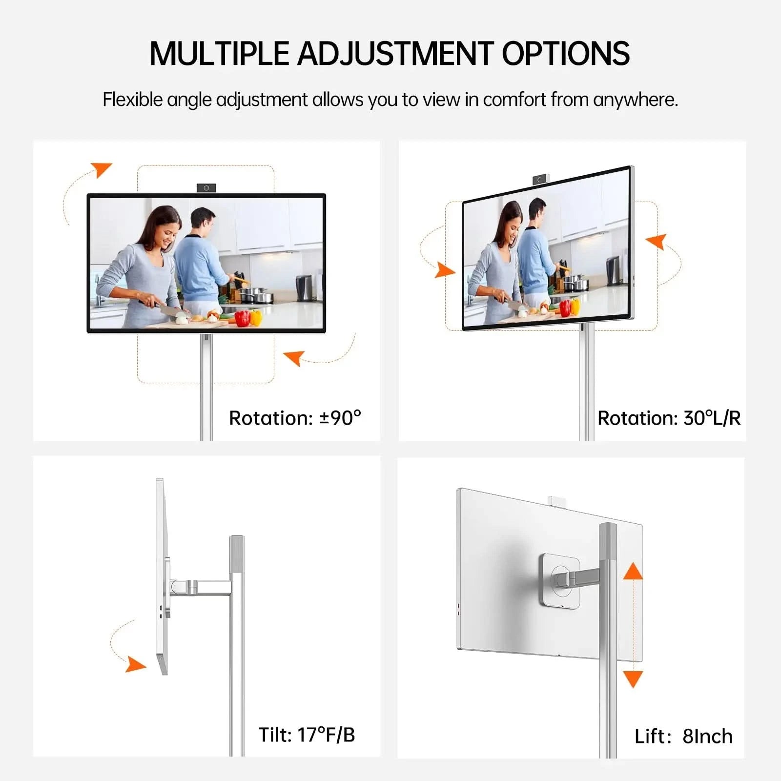 Flexible adjustment options for JAV Rolling Tablet LED 32S live stream display. Enjoy comfortable viewing from any angle with rotation, tilt, and lift features.