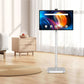 JAV Rolling Tablet LED 32S for live stream in a home setting. Features app icons like Google, Cloud Drive, Mail, Play Store, and a visible clock, with cabinet and curtains in background.