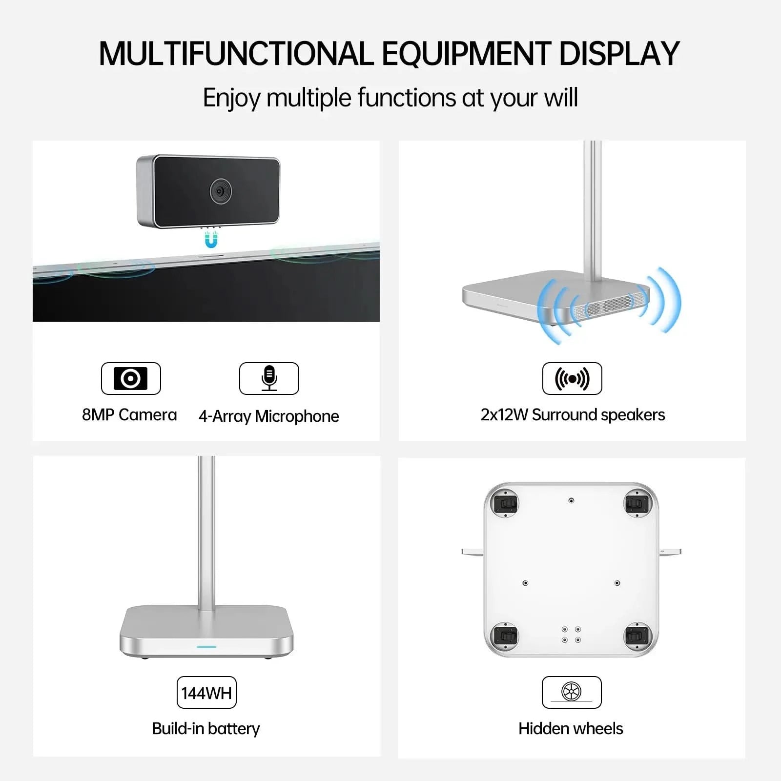 Promotional image for JAV Rolling Tablet LED 32S multifunctional display. Enjoy versatile functions with 8MP camera, 4-array mic, surround speakers, long-life battery, and hidden wheels for portability.