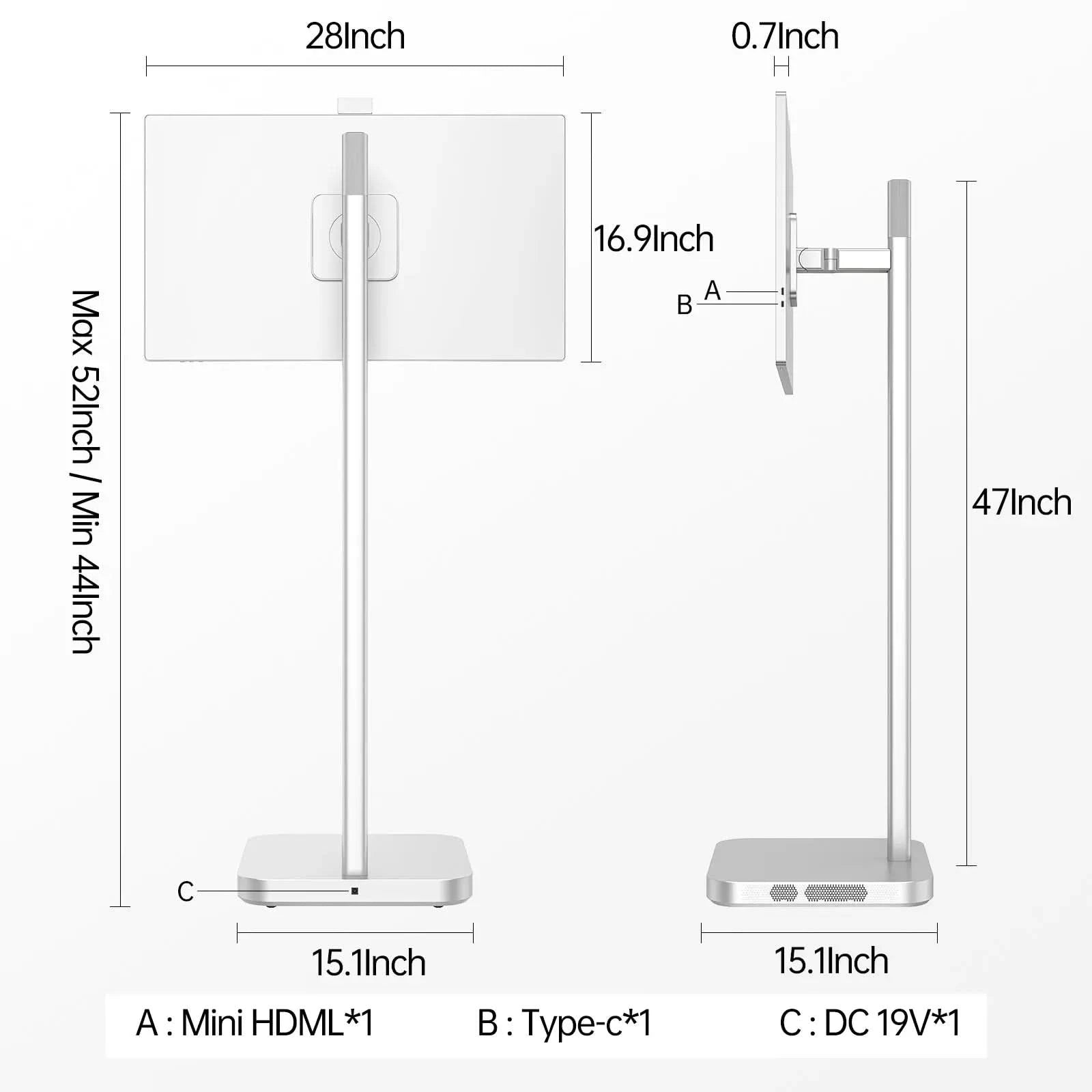 Detailed dimensions for JAV Rolling Tablet LED 32S live stream display. Includes screen and stand measurements, adjustable height range, and port specifications (HDMI, Type-C, DC).