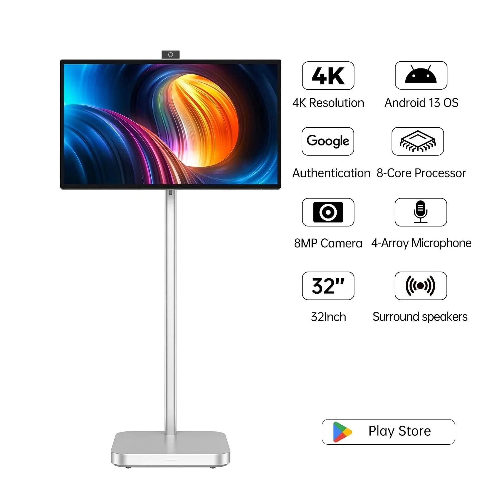 JAV Rolling Tablet LED 32S spec highlights for live streamers. Showcases 4K clarity, Android 13 apps via Play Store, powerful processor, and multimedia features.