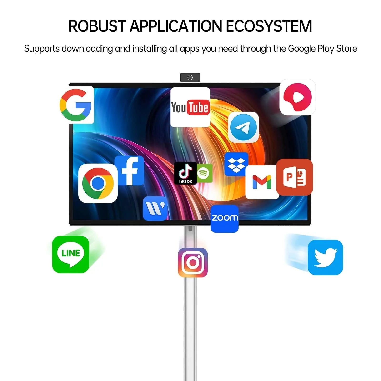 JAV Rolling Tablet LED 32S robust app ecosystem. Supports Google Play Store apps like YouTube, Facebook, TikTok, and Zoom.