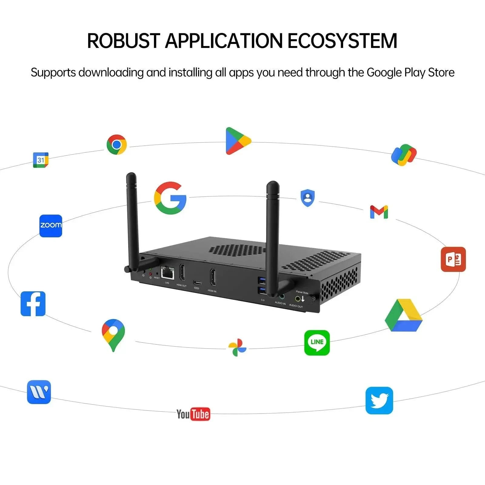 JAV SA12 Android 13 OPS module demonstrates the robust application ecosystem via Google Play Store, surrounded by popular app icons like Google, Zoom, Office, etc