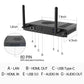 JAV SA12 Android 13 OPS module rear view with detailed ports (LAN, HDMI Out/In, USB-C, USB 3.0, Audio), dimensions (7.1x4.7x1.2 inch), and 80-pin OPS interface.