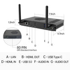JAV SA12 Android 13 OPS module rear view with detailed ports (LAN, HDMI Out/In, USB-C, USB 3.0, Audio), dimensions (7.1x4.7x1.2 inch), and 80-pin OPS interface.