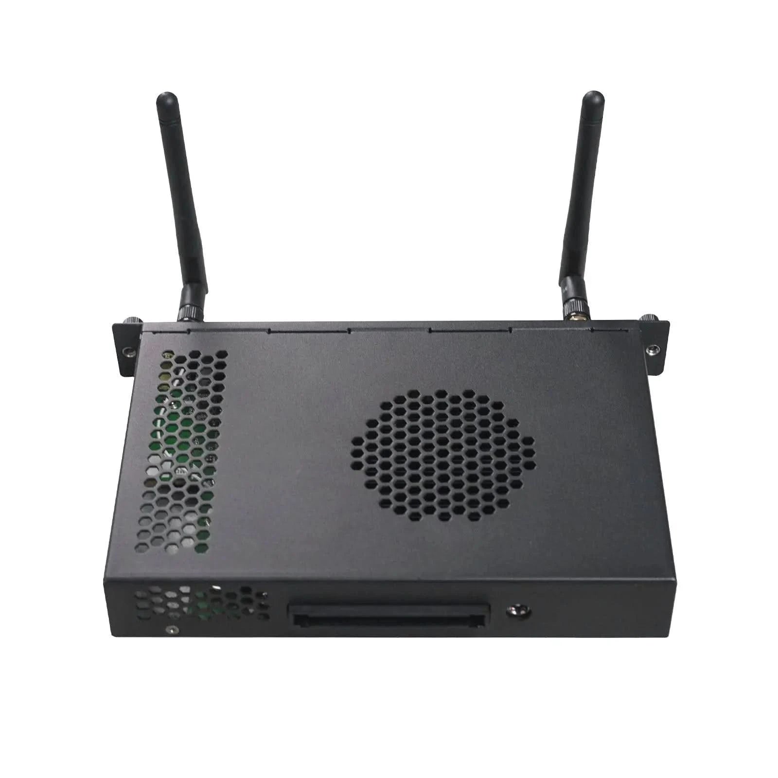 JAV SA12 Android 13 OPS module for Smart Board, top-angle view showing casing, ventilation holes, and WiFi antennas.