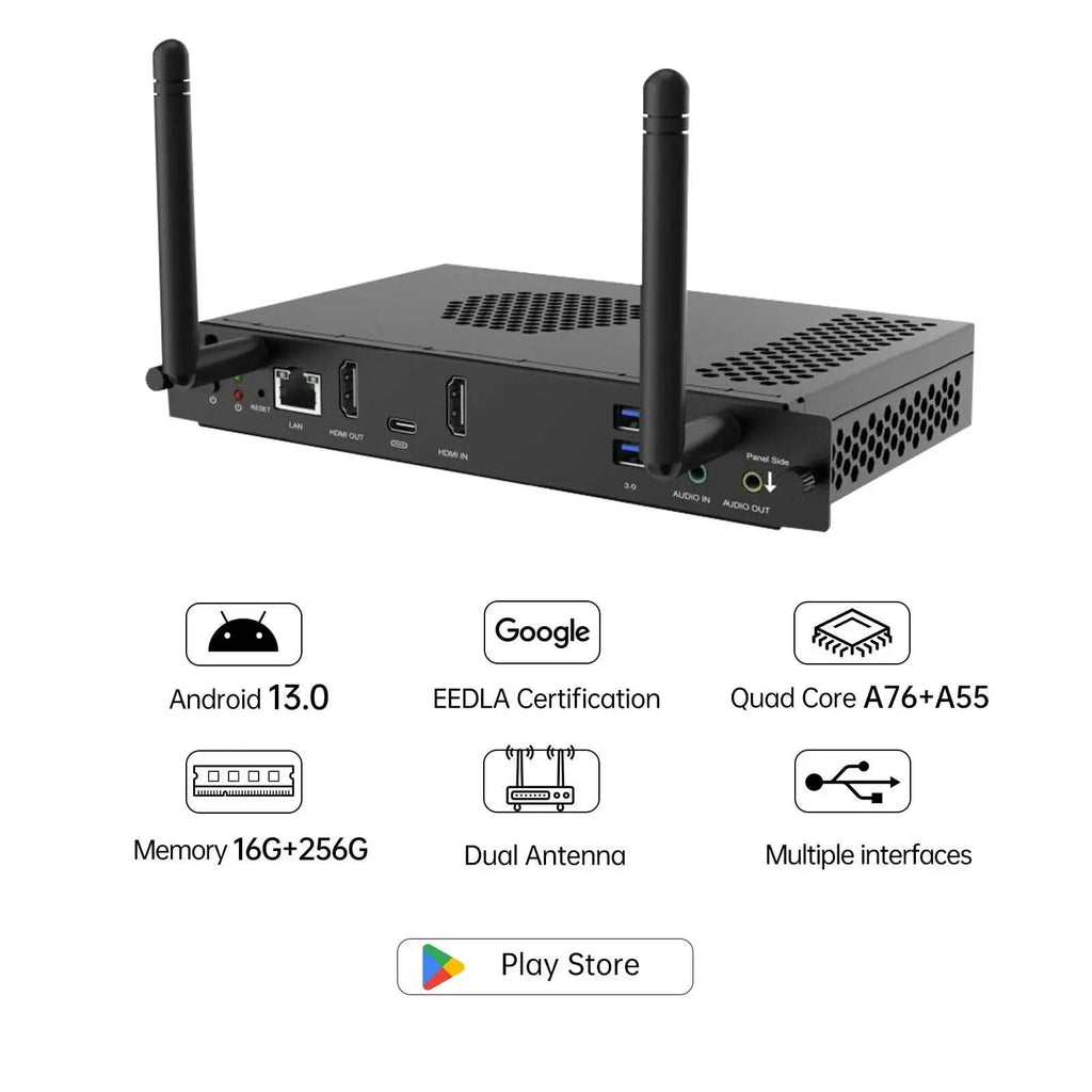 JAV SA12 Android 13 OPS module rear view and feature highlights: Android 13, Google EEDLA Certification, Quad Core CPU, 16G+256G Memory, Dual Antenna, Multiple Interfaces, Play Store.