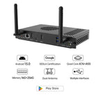 JAV SA12 Android 13 OPS module rear view and feature highlights: Android 13, Google EEDLA Certification, Quad Core CPU, 16G+256G Memory, Dual Antenna, Multiple Interfaces, Play Store.