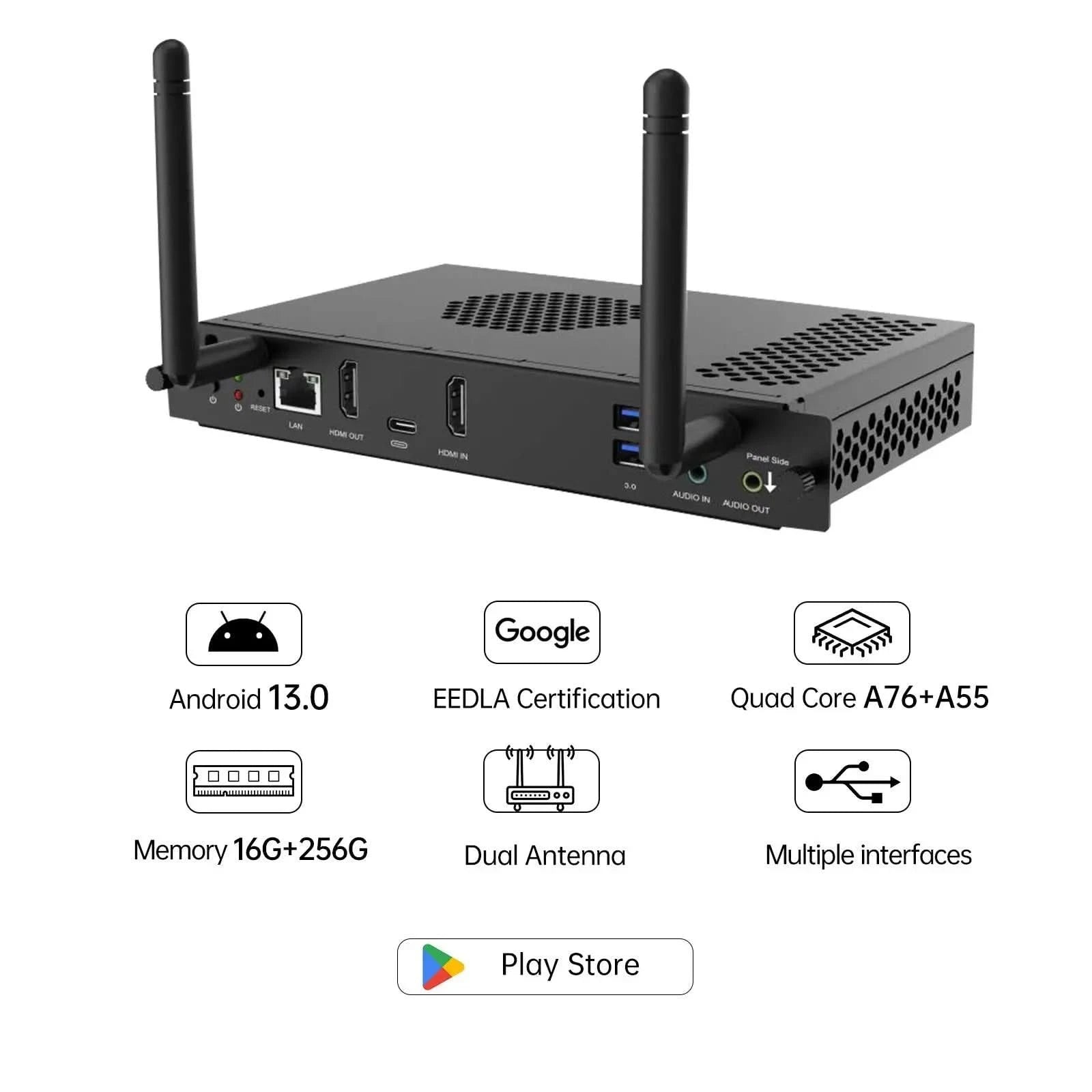JAV SA12 Android 13 OPS module rear view and feature highlights: Android 13, Google EEDLA Certification, Quad Core CPU, 16G+256G Memory, Dual Antenna, Multiple Interfaces, Play Store.