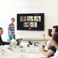JAV interactive display showing a video conference gallery view connects remote and in-person teams during a hybrid meeting.