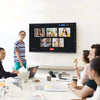 JAV interactive display showing a video conference gallery view connects remote and in-person teams during a hybrid meeting.