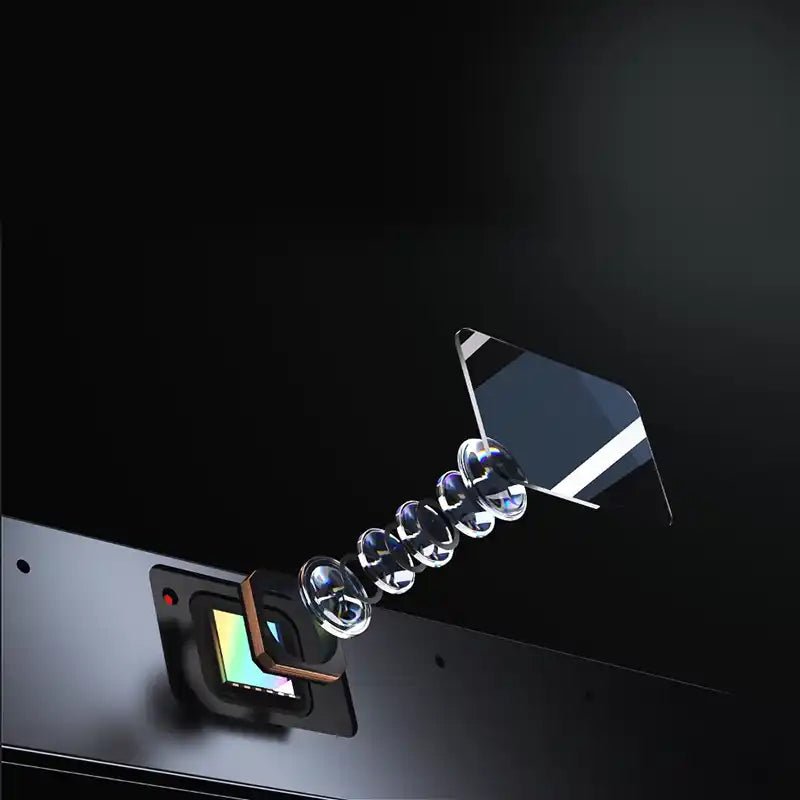 Close-up illustration of the built-in HD camera technology and lens structure on a JAV interactive display.