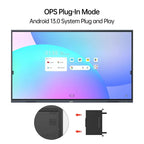JAV Smart Board displaying Android 13 interface powered by plug-in SA12 OPS module, with diagrams illustrating the easy 'OPS Plug-In Mode' installation.