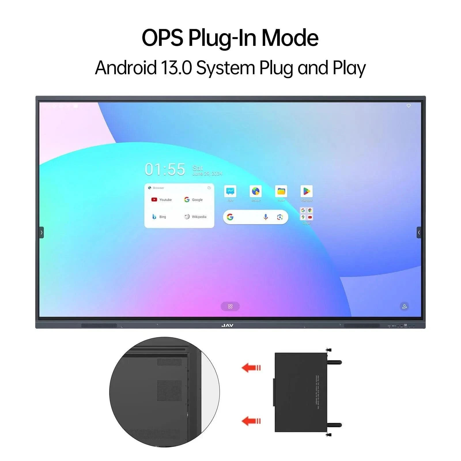 JAV Smart Board displaying Android 13 interface powered by plug-in SA12 OPS module, with diagrams illustrating the easy 'OPS Plug-In Mode' installation.