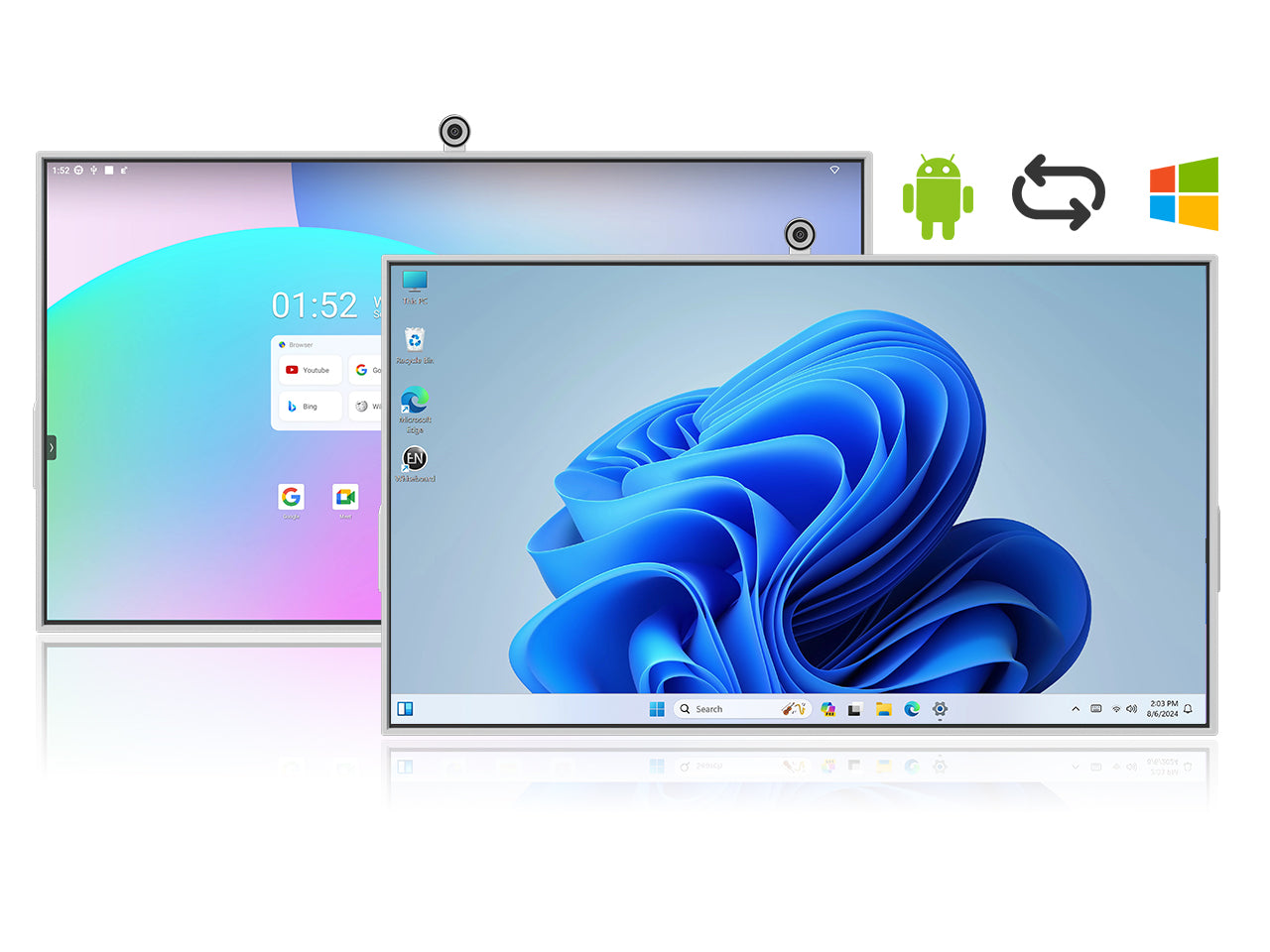 Illustration demonstrating the dual-system capability of the JAV H13S interactive display, showing both its Android and Windows 11 interfaces.