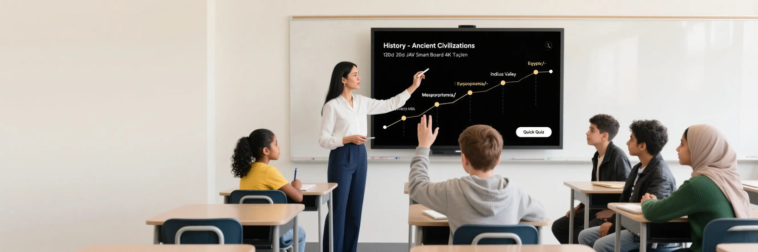 teacher having a class with the help of jav smart interactive flat panel display.