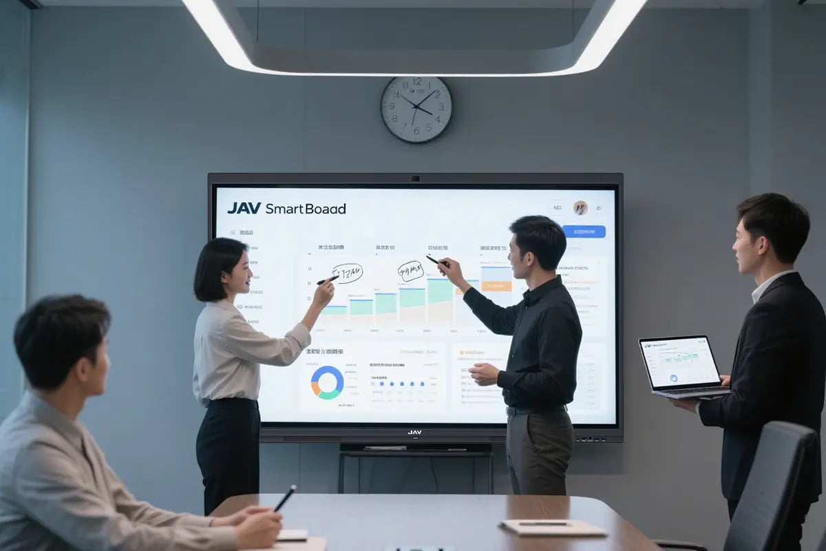 image of staff using jav h10s pro smart interactive flat panel display to do presentation with annotation.