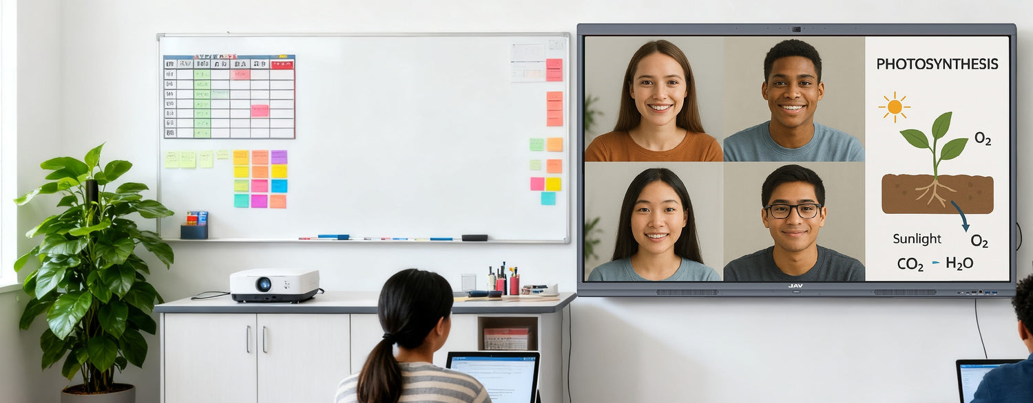 image of a classroom of hybrid learning with h10s pro smartwhiteboard