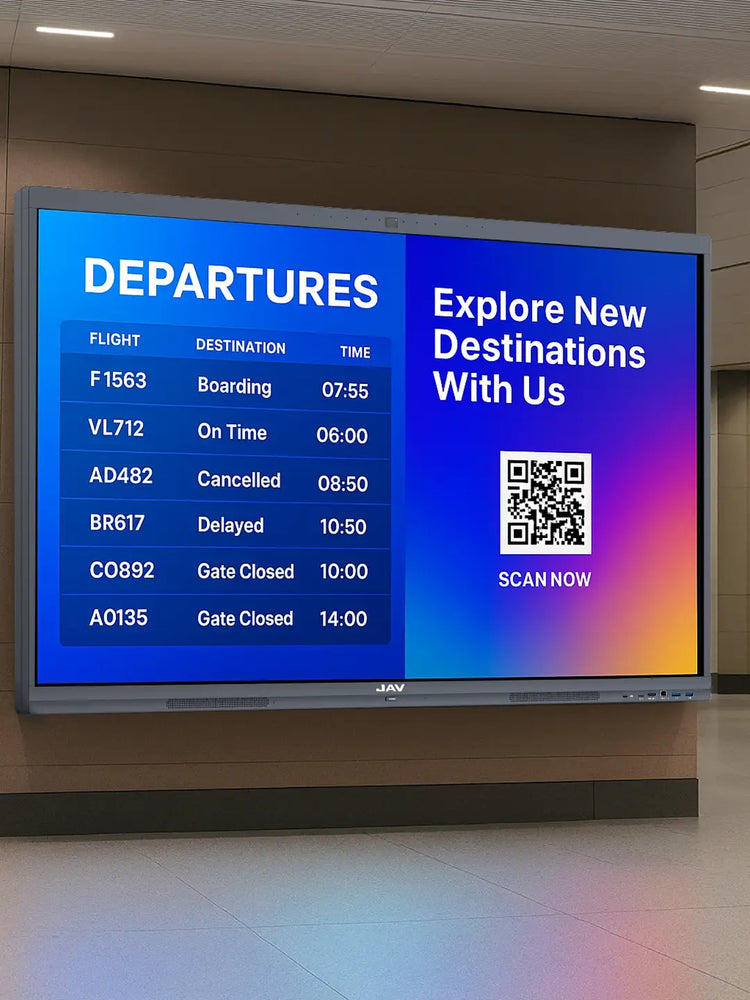 image showing the JAV smart whiteboard being used as a digital signage in public.