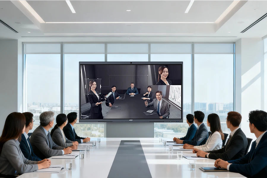 Image that shows the auto-tracking AI feature of the camera on the JAV H10S Pro Smart Board during a meeting.
