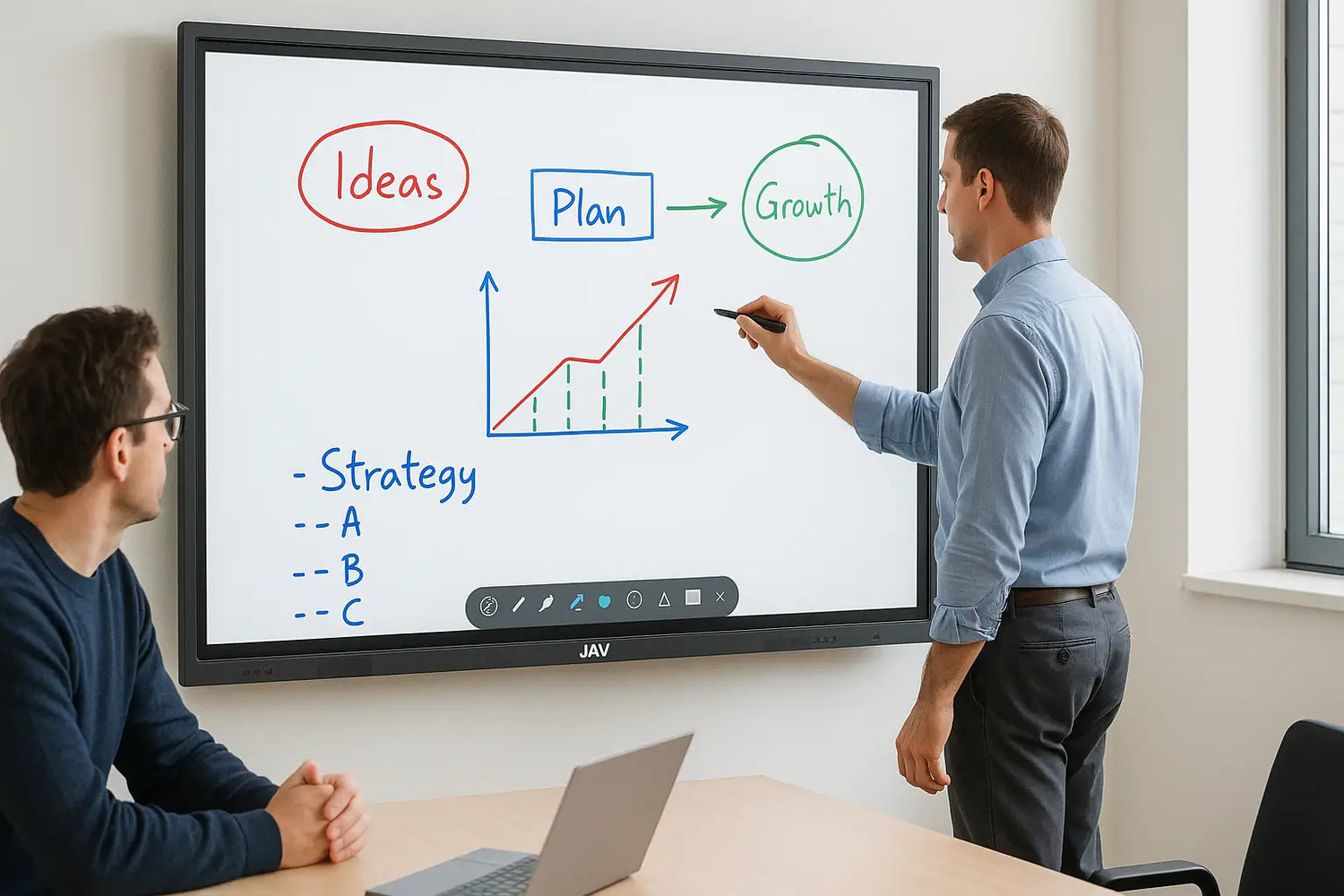 jav smart board sales team providing a demo for customer.