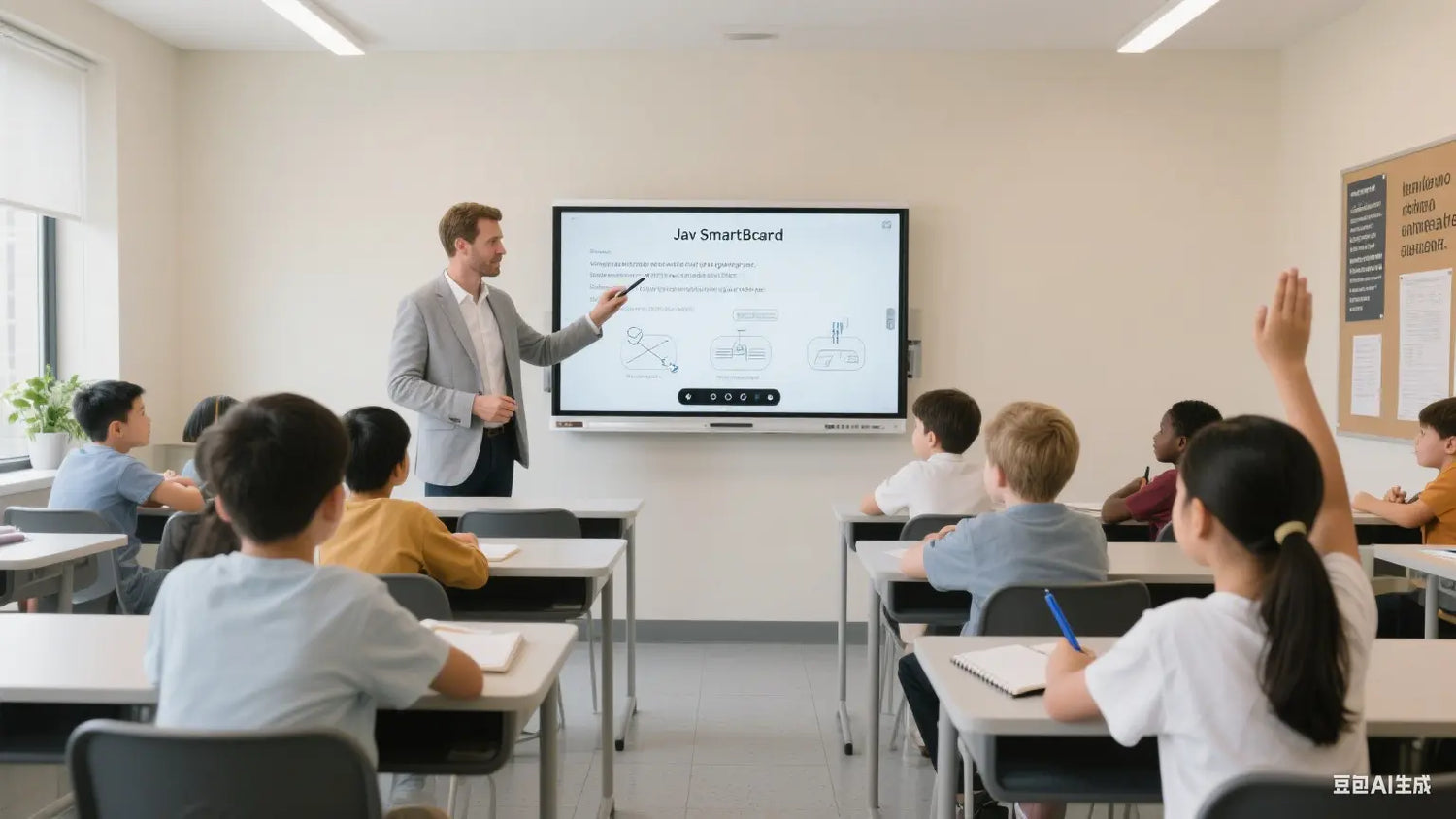 image of a Teacher giving a class with the help of JAV Smart Board and students engaged competely.