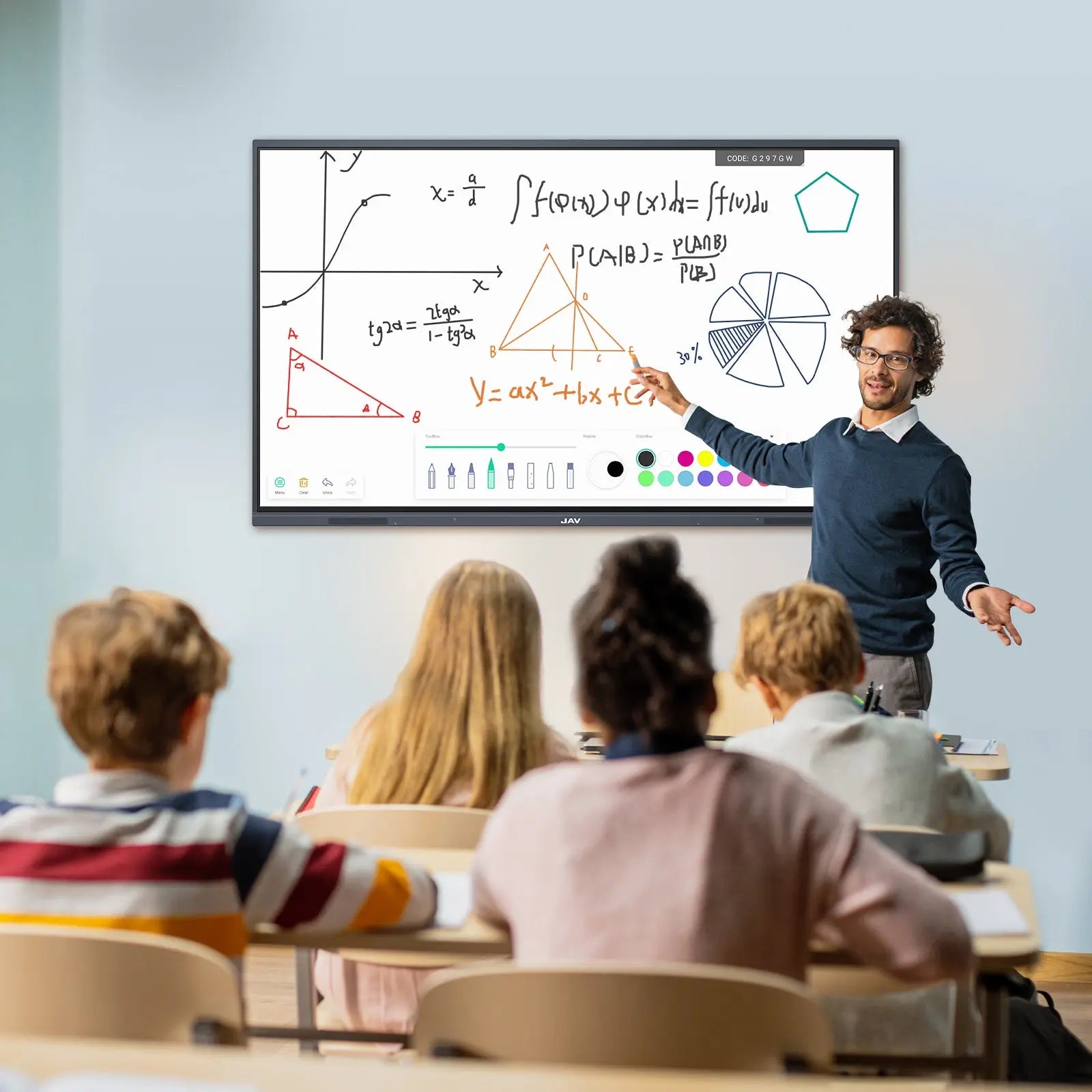 In a classroom, a teacher uses a JAV Smart Board to deliver an interactive math lesson. The smart board displays mathematical equations and diagrams, enhancing visual learning for students.
