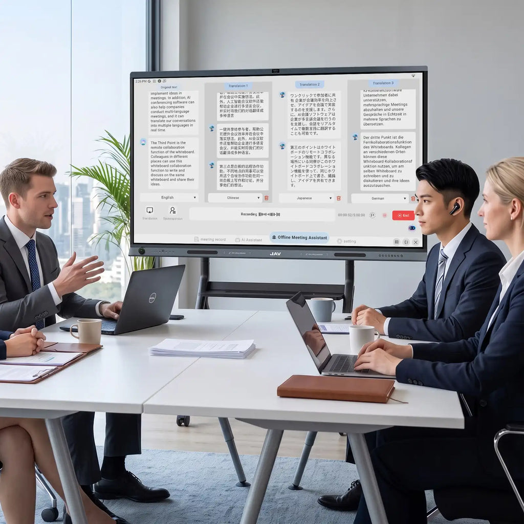 Teams using JAV Smart Board H19S's AI real-time translation for multilingual communication.