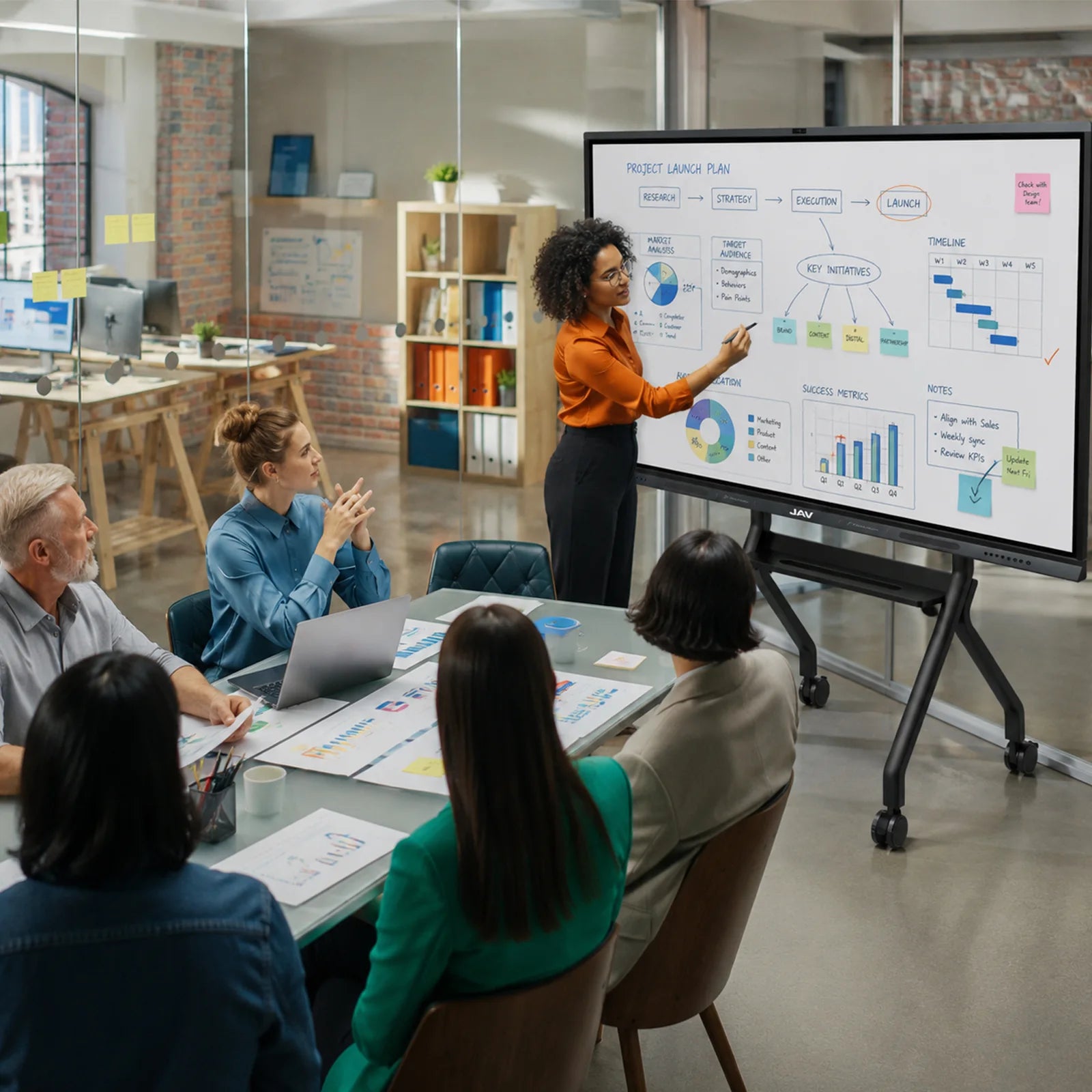 JAV H19S smart board used for interactive business presentation in a meeting room