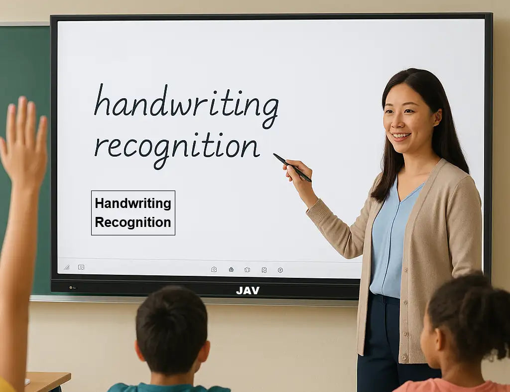 teacher using the handwriting recognition feature of the JAV smart whiteboard.