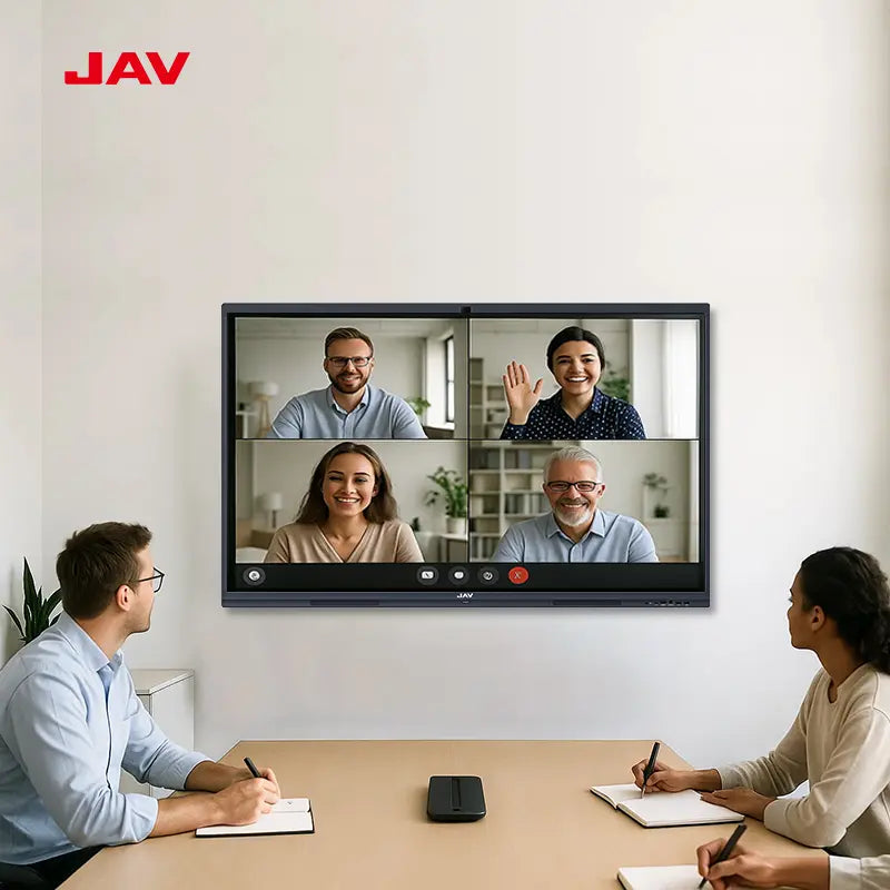 people having a hybrid meeting with the help of a jav smart board