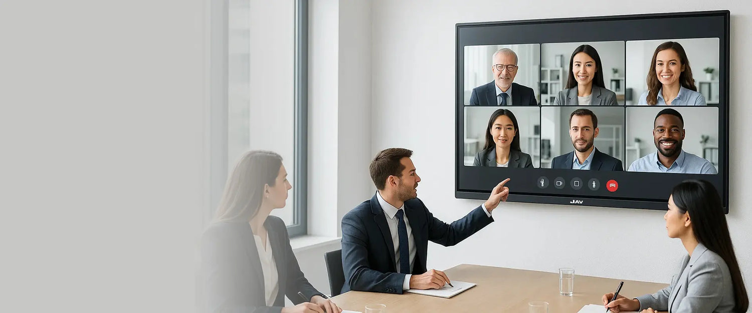 image of people having a hybrid meeting in a conference room with the help of a jav smart board.