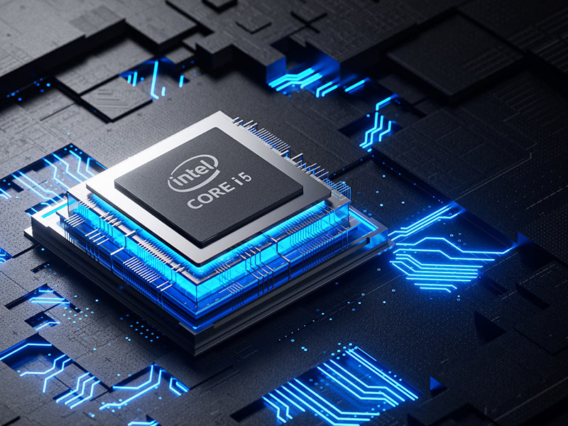Stylized close-up graphic depicting an Intel Core i5 processor mounted on a circuit board with glowing blue light effects.