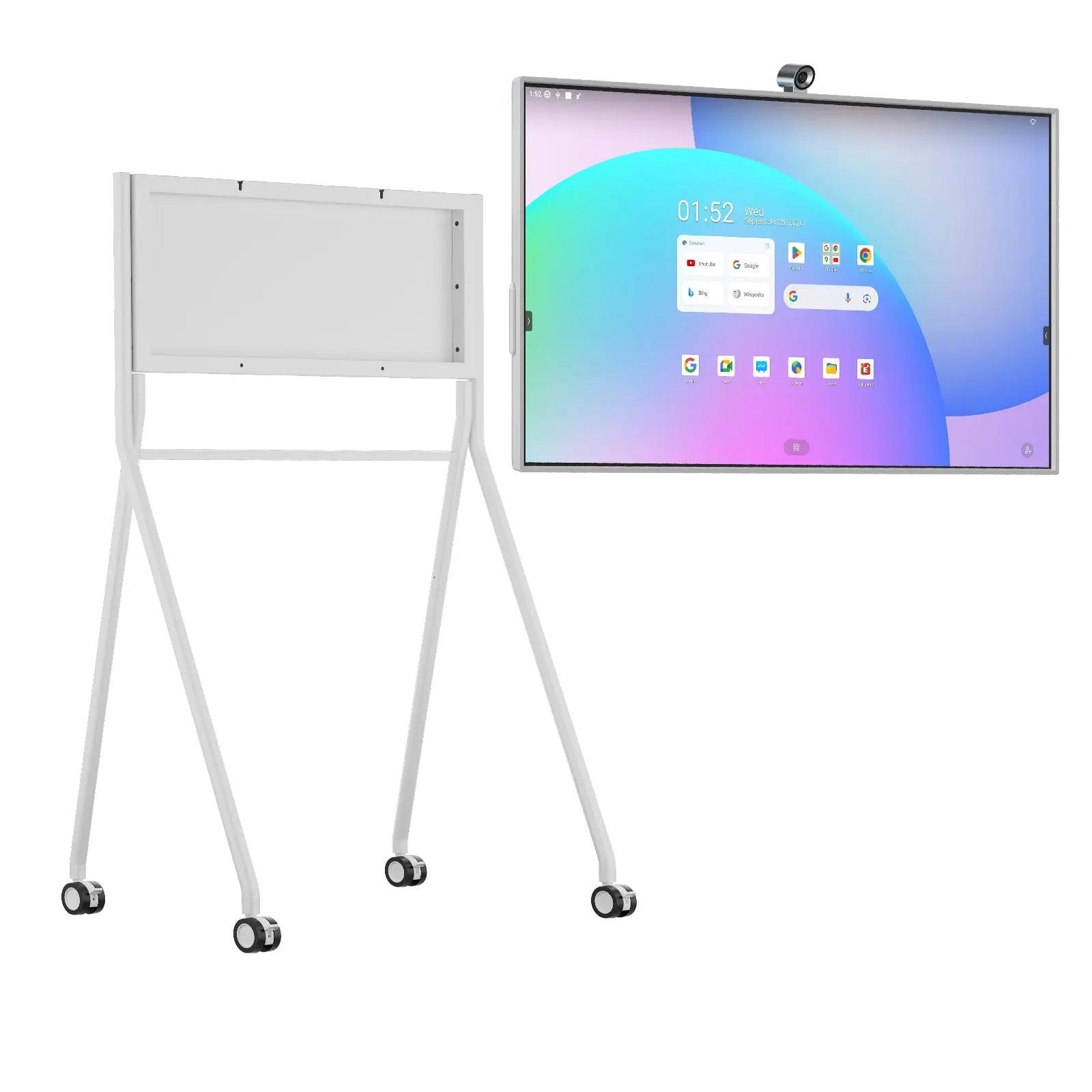 Separate components: JAV Smart Board and white mobile stand.  Interactive display and wheeled stand shown individually.