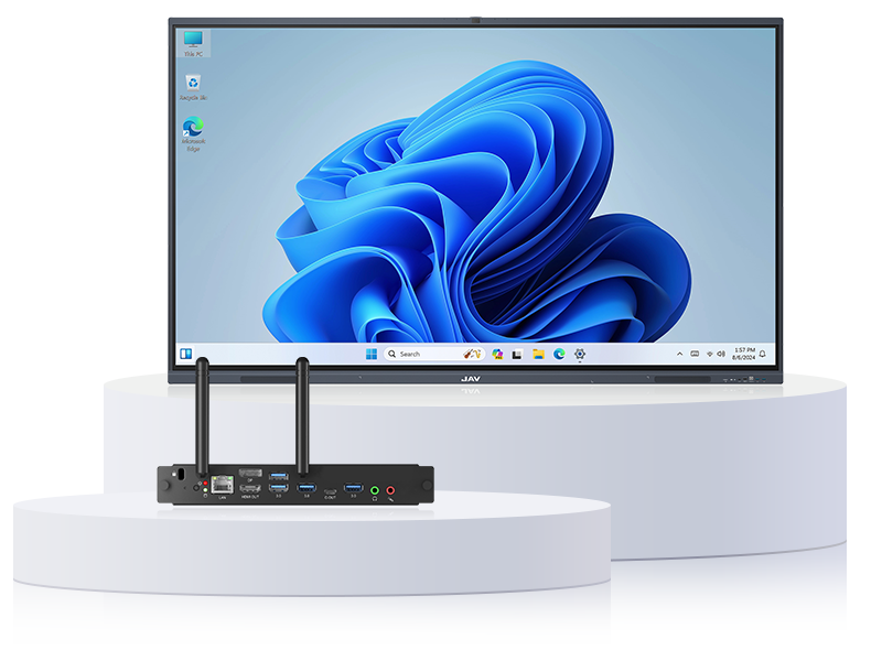 JAV OPS computer module (model 72a implied) shown in front of a large JAV interactive display running the Windows 11 operating system.