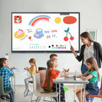 Enhance classroom engagement with the JAV Smart Board H10. This image shows a teacher and children interacting with a lesson displayed on the smart board, featuring colorful visuals and encouraging messages for interactive learning.