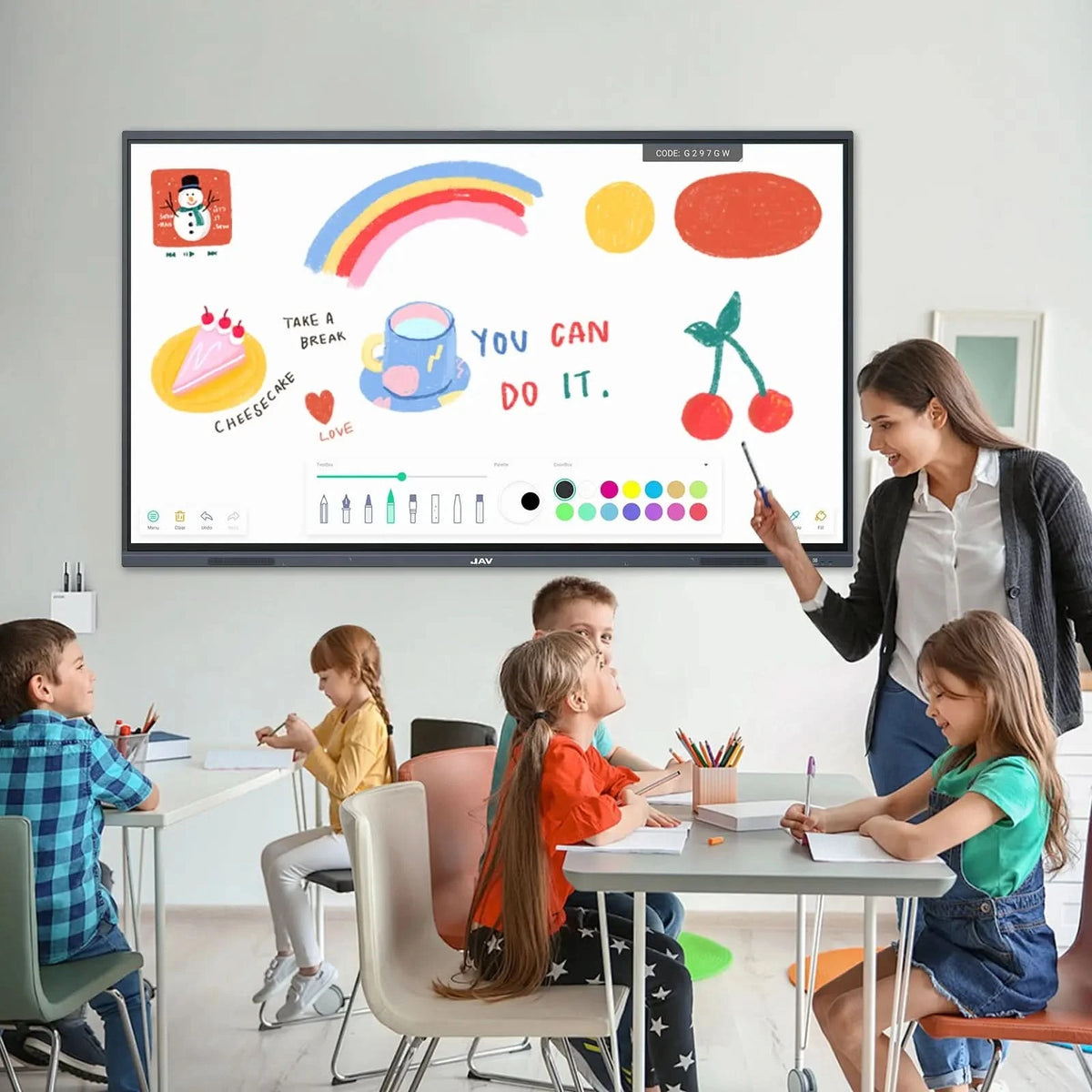 Enhance classroom engagement with the JAV Smart Board H10. This image shows a teacher and children interacting with a lesson displayed on the smart board, featuring colorful visuals and encouraging messages for interactive learning.