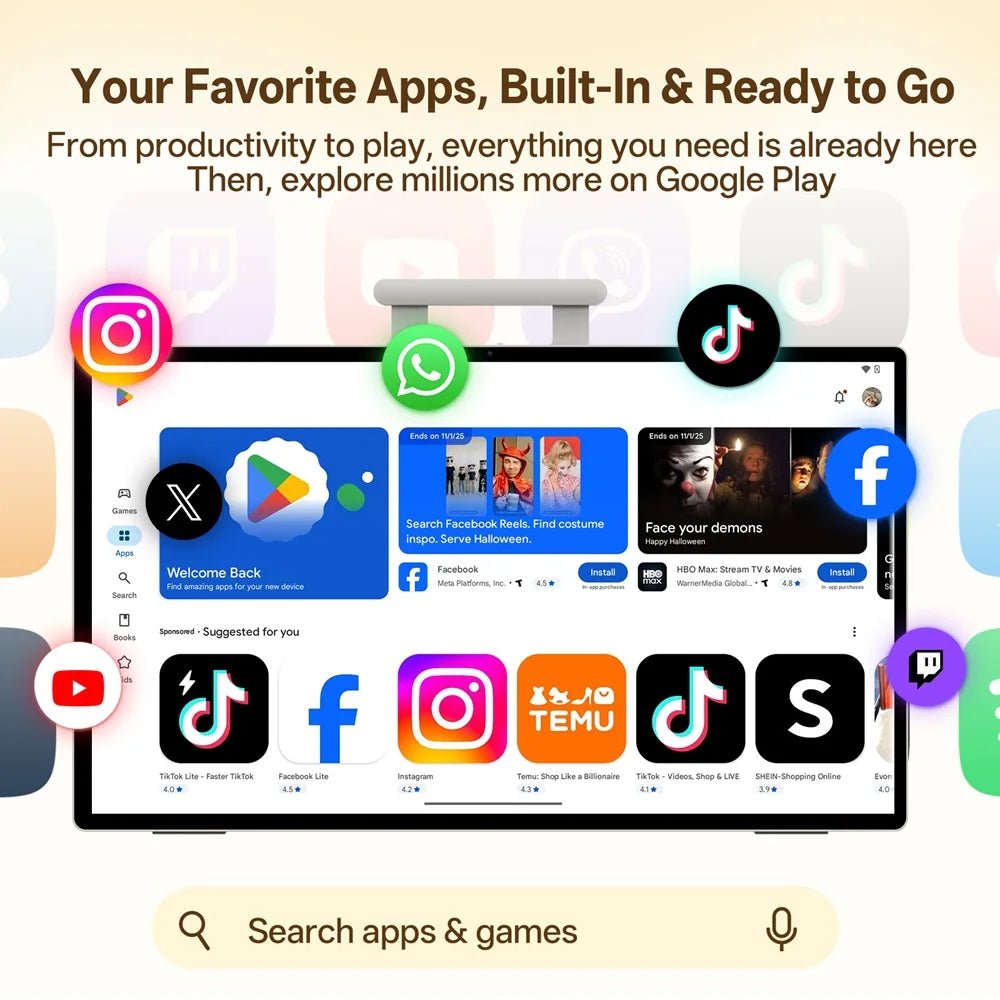 25S Pro Digital Smart Calendar showing Google Play Store interface and popular apps like Instagram, YouTube, TikTok, WhatsApp, and Facebook, highlighting app installation capability.