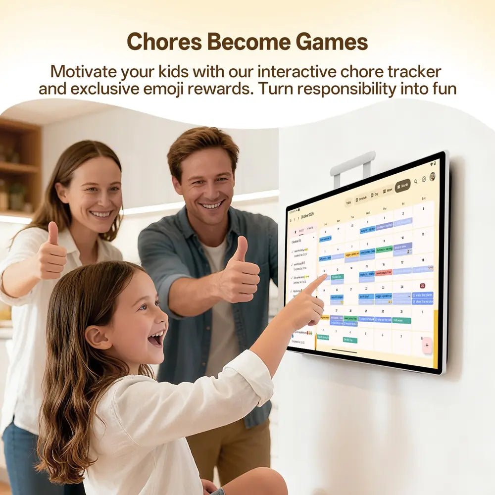 Family of three checking chore arrangements on 25S Pro Digital Calendar with interactive display, illustrating shared household scheduling.