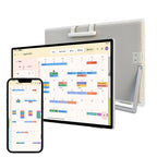 25S Pro Digital Calendar next to a smartphone, demonstrating calendar app syncing on 25-inch touch display.